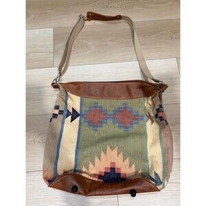 vintage Large Boho Tote Bag Crossbody Strap Aztec Weave Brown Leather Trim